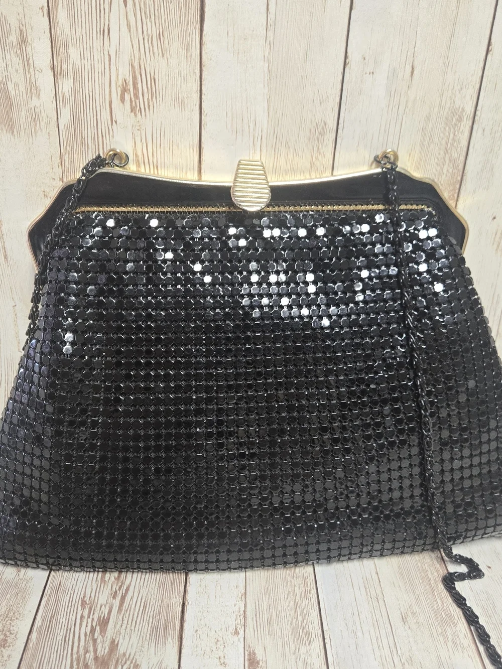 Vintage Black Metal Mesh Evening Bag Gold Tone Frame Chain Strap Purse
